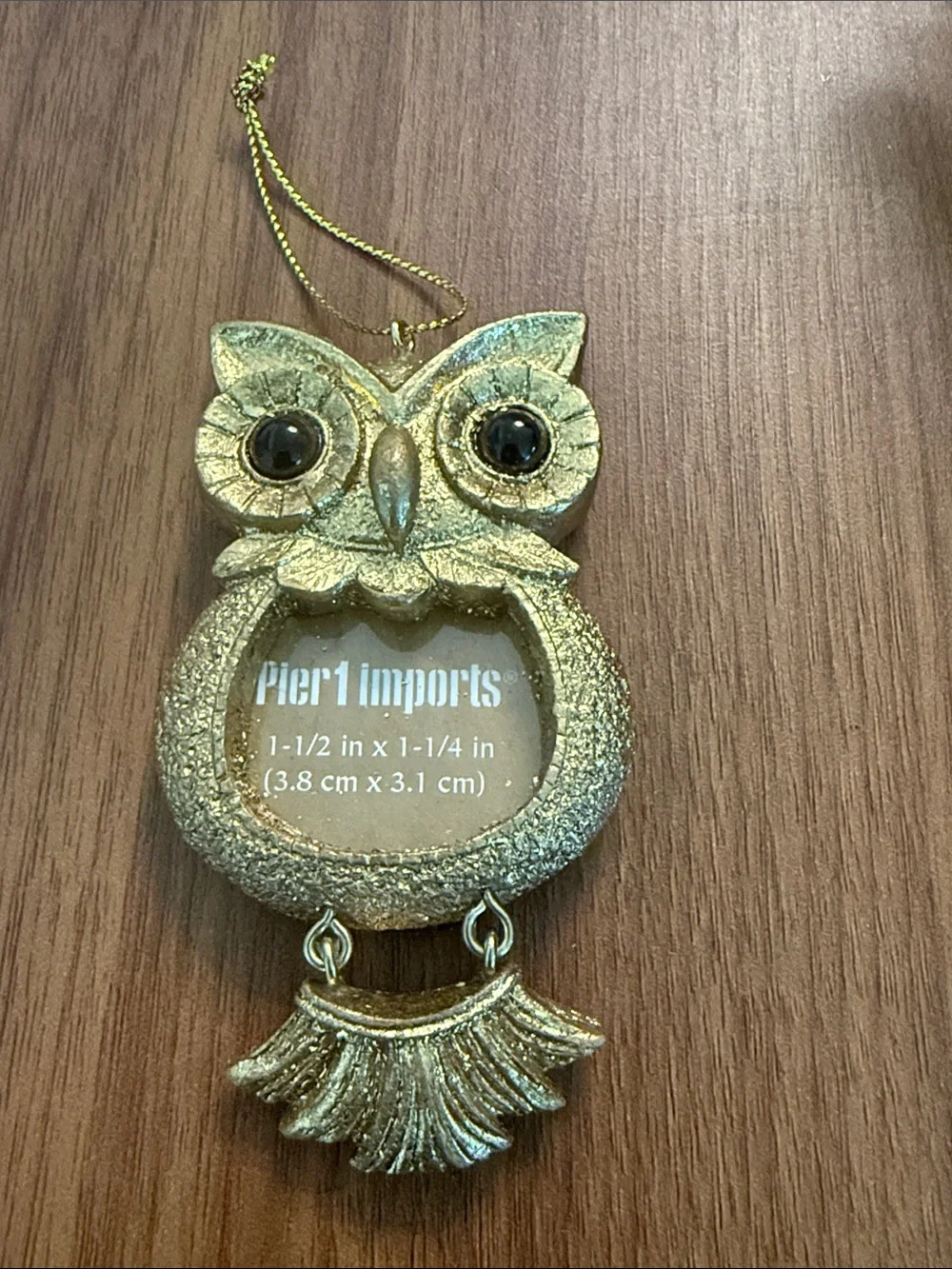 New Pier 1 Gold Owl Mini Photo Frame Ornament Metal Tassel Feet NWOT